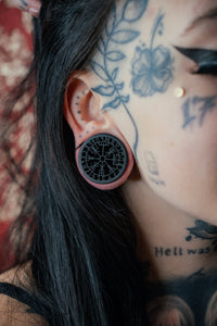 3D printed Vegvisir runes tunnel for stretched ears, front view, lightweight and handmade